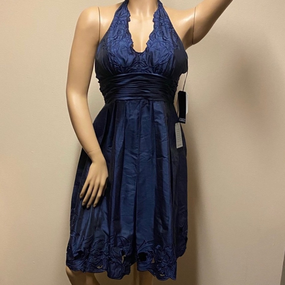 Adrianna Papell Navy Blue Halter Dress | Knee Gown | Semi Formal | Size 8 NWT - Picture 3 of 7